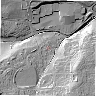 Shaded relief map of the ground around S207HP, computed from Environment Agency LiDAR. The ground here sits at about 58 m above sea level and falls 34 m across the surrounding 800 m. Surface water reaching this point runs off ground lying to the west-south-west, 6.5 m higher.
