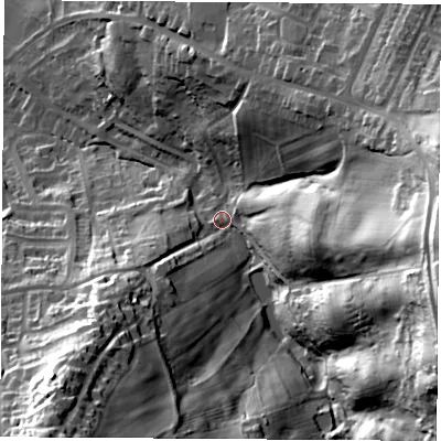 Shaded relief map of the ground around S211AS, computed from Environment Agency LiDAR. The ground here sits at about 57 m above sea level and falls 69 m across the surrounding 800 m. Surface water reaching this point runs off ground lying to the east-south-east, 53.4 m higher.