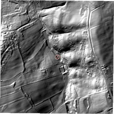 Shaded relief map of the ground around S211AU, computed from Environment Agency LiDAR. The ground here sits at about 61 m above sea level and falls 77 m across the surrounding 800 m. Surface water reaching this point runs off ground lying to the south-east, 62.5 m higher.