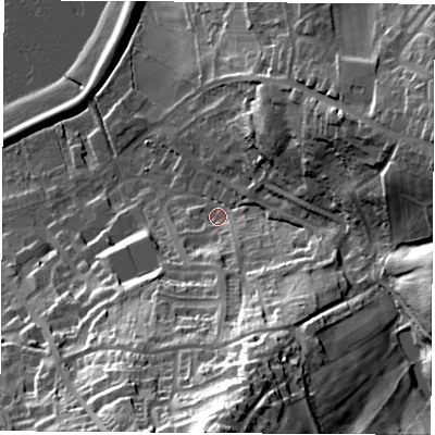 Shaded relief map of the ground around S211BZ, computed from Environment Agency LiDAR. The ground here sits at about 46 m above sea level and falls 56 m across the surrounding 800 m. Surface water reaching this point runs off ground lying to the south-south-east, 34.3 m higher.