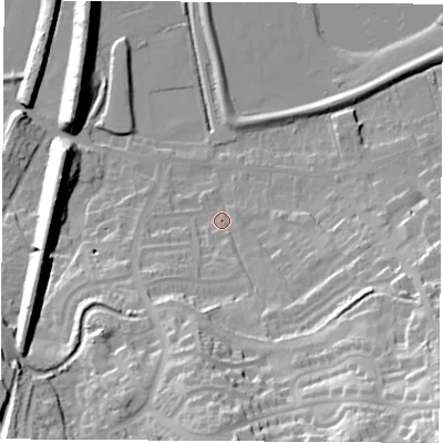 Shaded relief map of the ground around S211DN, computed from Environment Agency LiDAR. The ground here sits at about 44 m above sea level and falls 45 m across the surrounding 800 m. Surface water reaching this point runs off ground lying to the south, 21.6 m higher.
