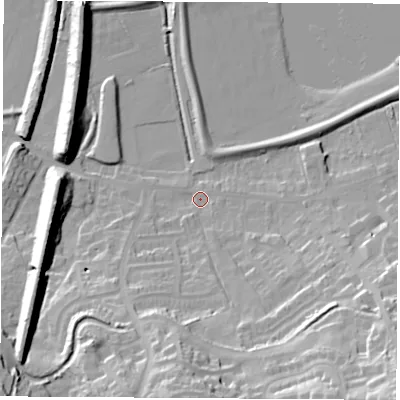 Shaded relief map of the ground around S211DX, computed from Environment Agency LiDAR. The ground here sits at about 41 m above sea level and falls 36 m across the surrounding 800 m. Surface water reaching this point runs off ground lying to the south-east, 31.6 m higher.