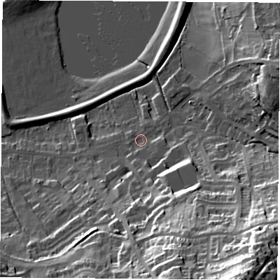 Shaded relief map of the ground around S211DY, computed from Environment Agency LiDAR. The ground here sits at about 42 m above sea level and falls 52 m across the surrounding 800 m. Surface water reaching this point runs off ground lying to the south-south-east, 23.2 m higher.