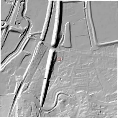 Shaded relief map of the ground around S211DZ, computed from Environment Agency LiDAR. The ground here sits at about 43 m above sea level and falls 32 m across the surrounding 800 m. Surface water reaching this point runs off ground lying to the south-south-west, 17.0 m higher.