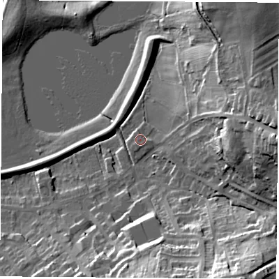 Shaded relief map of the ground around S211EA, computed from Environment Agency LiDAR. The ground here sits at about 42 m above sea level and falls 34 m across the surrounding 800 m. Surface water reaching this point runs off ground lying to the east, 1.6 m higher.