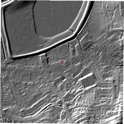 Shaded relief map of the ground around S211EB, computed from Environment Agency LiDAR. The ground here sits at about 42 m above sea level and falls 51 m across the surrounding 800 m. Surface water reaching this point runs off ground lying to the south-south-east, 35.1 m higher.