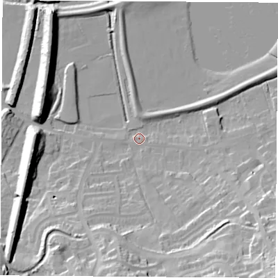 Shaded relief map of the ground around S211ED, computed from Environment Agency LiDAR. The ground here sits at about 41 m above sea level and falls 35 m across the surrounding 800 m. Surface water reaching this point runs off ground lying to the south-east, 34.2 m higher.
