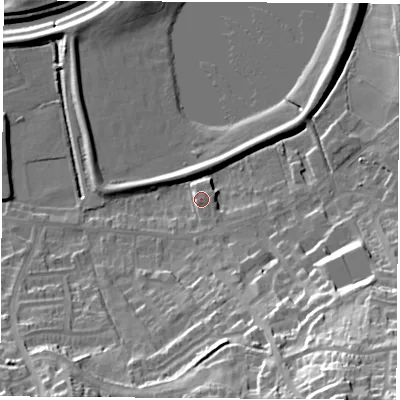 Shaded relief map of the ground around S211EE, computed from Environment Agency LiDAR. The ground here sits at about 42 m above sea level and falls 39 m across the surrounding 800 m. Surface water reaching this point runs off ground lying to the south-south-east, 6.2 m higher.