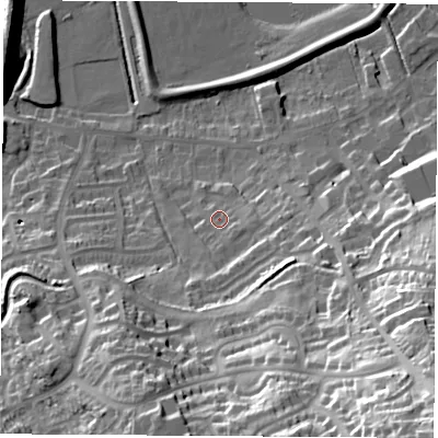 Shaded relief map of the ground around S211EF, computed from Environment Agency LiDAR. The ground here sits at about 46 m above sea level and falls 57 m across the surrounding 800 m. Surface water reaching this point runs off ground lying to the south-east, 48.4 m higher.