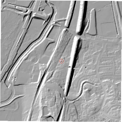 Shaded relief map of the ground around S211EN, computed from Environment Agency LiDAR. The ground here sits at about 47 m above sea level and falls 39 m across the surrounding 800 m. Surface water reaching this point runs off ground lying to the south-south-west, 16.9 m higher.
