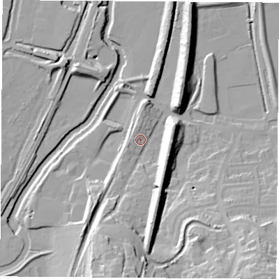 Shaded relief map of the ground around S211ES, computed from Environment Agency LiDAR. The ground here sits at about 44 m above sea level and falls 32 m across the surrounding 800 m. Surface water reaching this point runs off ground lying to the west, 3.3 m higher.