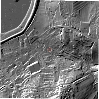 Shaded relief map of the ground around S211GZ, computed from Environment Agency LiDAR. The ground here sits at about 44 m above sea level and falls 47 m across the surrounding 800 m. Surface water reaching this point runs off ground lying to the south-south-east, 40.3 m higher.