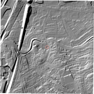 Shaded relief map of the ground around S211HX, computed from Environment Agency LiDAR. The ground here sits at about 57 m above sea level and falls 51 m across the surrounding 800 m. Surface water reaching this point runs off ground lying to the south-south-east, 16.9 m higher.