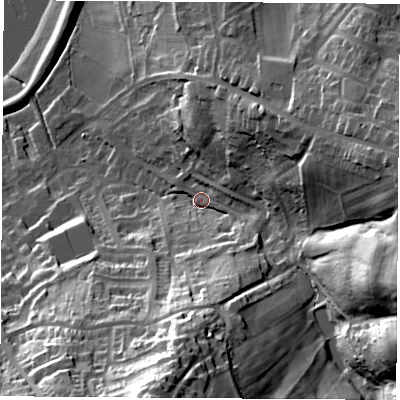 Shaded relief map of the ground around S211JB, computed from Environment Agency LiDAR. The ground here sits at about 48 m above sea level and falls 55 m across the surrounding 800 m. Surface water reaching this point runs off ground lying to the south-south-west, 46.3 m higher.