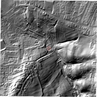 Shaded relief map of the ground around S211JY, computed from Environment Agency LiDAR. The ground here sits at about 55 m above sea level and falls 64 m across the surrounding 800 m. Surface water reaching this point runs off ground lying to the east, 49.7 m higher.