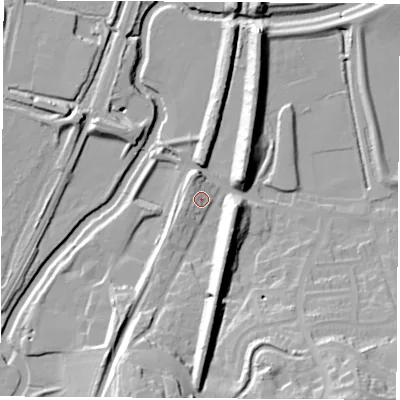 Shaded relief map of the ground around S211TE, computed from Environment Agency LiDAR. The ground here sits at about 44 m above sea level and falls 29 m across the surrounding 800 m. Surface water reaching this point runs off ground lying to the west-south-west, 4.1 m higher.