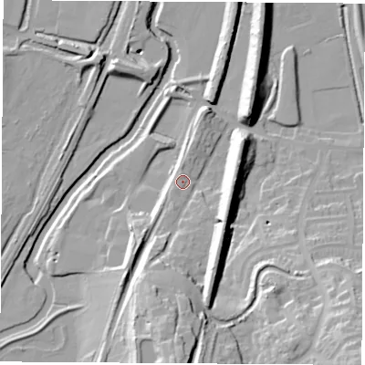 Shaded relief map of the ground around S211TN, computed from Environment Agency LiDAR. The ground here sits at about 46 m above sea level and falls 36 m across the surrounding 800 m. Surface water reaching this point runs off ground lying to the south-south-west, 4.2 m higher.