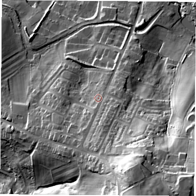 Shaded relief map of the ground around S212DR, computed from Environment Agency LiDAR. The ground here sits at about 70 m above sea level and falls 56 m across the surrounding 800 m. Surface water reaching this point runs off ground lying to the south-south-east, 33.8 m higher.