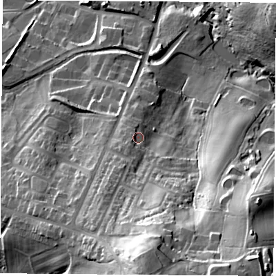 Shaded relief map of the ground around S212DS, computed from Environment Agency LiDAR. The ground here sits at about 69 m above sea level and falls 56 m across the surrounding 800 m. Surface water reaching this point runs off ground lying to the south-south-west, 4.5 m higher.