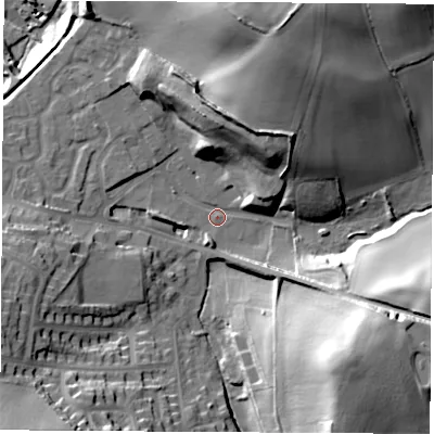 Shaded relief map of the ground around S213JS, computed from Environment Agency LiDAR. The ground here sits at about 56 m above sea level and falls 41 m across the surrounding 800 m. Surface water reaching this point runs off ground lying to the south-east, 30.7 m higher.