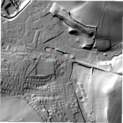 Shaded relief map of the ground around S213TY, computed from Environment Agency LiDAR. The ground here sits at about 55 m above sea level and falls 40 m across the surrounding 800 m. Surface water reaching this point runs off ground lying to the south-west, 30.6 m higher.