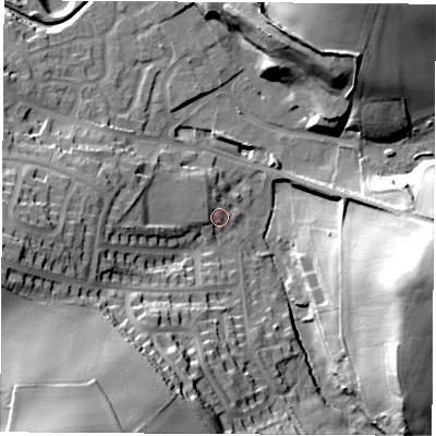 Shaded relief map of the ground around S213TZ, computed from Environment Agency LiDAR. The ground here sits at about 57 m above sea level and falls 36 m across the surrounding 800 m. Surface water reaching this point runs off ground lying to the west, 12.4 m higher.