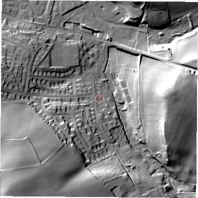 Shaded relief map of the ground around S213UL, computed from Environment Agency LiDAR. The ground here sits at about 58 m above sea level and falls 37 m across the surrounding 800 m. Surface water reaching this point runs off ground lying to the south-west, 28.4 m higher.