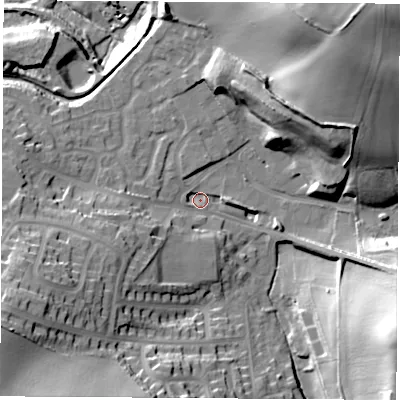 Shaded relief map of the ground around S213UX, computed from Environment Agency LiDAR. The ground here sits at about 55 m above sea level and falls 41 m across the surrounding 800 m. Surface water reaching this point runs off ground lying to the south-west, 26.1 m higher.