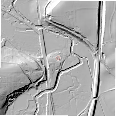 Shaded relief map of the ground around S213UZ, computed from Environment Agency LiDAR. The ground here sits at about 47 m above sea level and falls 34 m across the surrounding 800 m. Surface water reaching this point runs off ground lying to the south-west, 3.7 m higher.