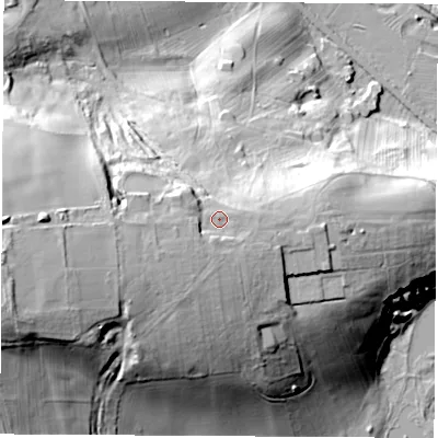 Shaded relief map of the ground around S213WB, computed from Environment Agency LiDAR. The ground here sits at about 80 m above sea level and falls 53 m across the surrounding 800 m. Surface water reaching this point runs off ground lying to the west-south-west, 4.4 m higher.