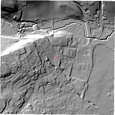 Shaded relief map of the ground around S214BH, computed from Environment Agency LiDAR. The ground here sits at about 56 m above sea level and falls 45 m across the surrounding 800 m. Surface water reaching this point runs off ground lying to the west, 29.8 m higher.