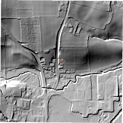 Shaded relief map of the ground around S214FH, computed from Environment Agency LiDAR. The ground here sits at about 56 m above sea level and falls 60 m across the surrounding 800 m. Surface water reaching this point runs off ground lying to the north-north-west, 40.8 m higher.