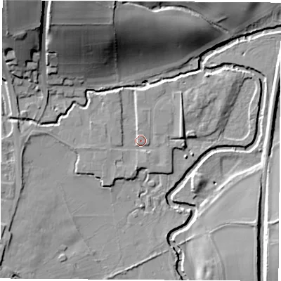 Shaded relief map of the ground around S214HL, computed from Environment Agency LiDAR. The ground here sits at about 46 m above sea level and falls 38 m across the surrounding 800 m. Surface water reaching this point runs off ground lying to the south, 2.5 m higher.