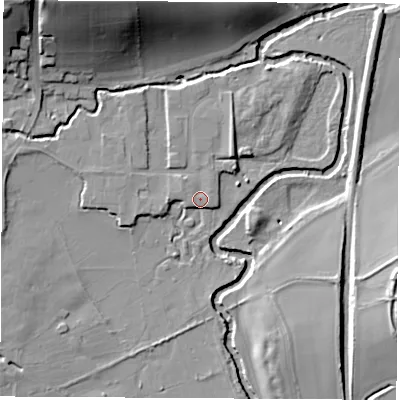 Shaded relief map of the ground around S214LN, computed from Environment Agency LiDAR. The ground here sits at about 45 m above sea level and falls 30 m across the surrounding 800 m. Surface water reaching this point runs off ground lying to the south-west, 5.9 m higher.