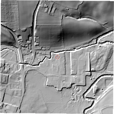 Shaded relief map of the ground around S214LS, computed from Environment Agency LiDAR. The ground here sits at about 45 m above sea level and falls 48 m across the surrounding 800 m. Surface water reaching this point runs off ground lying to the south, 1.4 m higher.