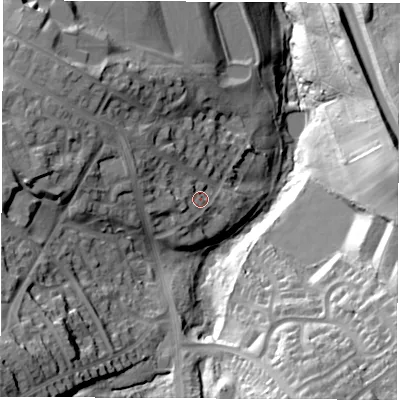 Shaded relief map of the ground around S21AX, computed from Environment Agency LiDAR. The ground here sits at about 110 m above sea level and falls 56 m across the surrounding 800 m. Surface water reaching this point runs off ground lying to the west, 5.7 m higher.