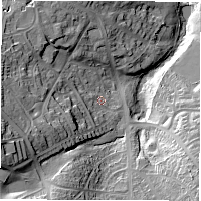 Shaded relief map of the ground around S21ND, computed from Environment Agency LiDAR. The ground here sits at about 113 m above sea level and falls 65 m across the surrounding 800 m. Surface water reaching this point runs off ground lying to the south-west, 8.7 m higher.