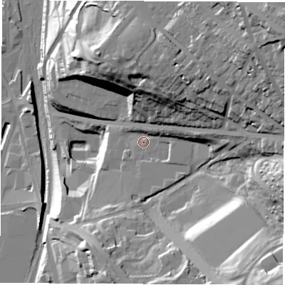 Shaded relief map of the ground around S22RJ, computed from Environment Agency LiDAR. The ground here sits at about 73 m above sea level and falls 59 m across the surrounding 800 m. Surface water reaching this point runs off ground lying to the north-east, 30.3 m higher.