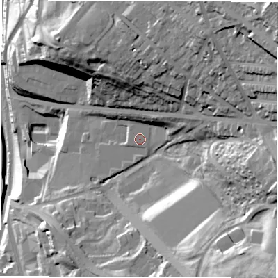 Shaded relief map of the ground around S22RU, computed from Environment Agency LiDAR. The ground here sits at about 75 m above sea level and falls 71 m across the surrounding 800 m. The ground contributing surface water to this point lies to the west-south-west.