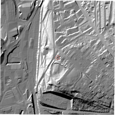 Shaded relief map of the ground around S22TN, computed from Environment Agency LiDAR. The ground here sits at about 88 m above sea level and falls 68 m across the surrounding 800 m. Surface water reaching this point runs off ground lying to the east, 8.4 m higher.