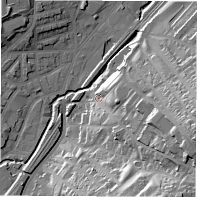Shaded relief map of the ground around S23AA, computed from Environment Agency LiDAR. The ground here sits at about 73 m above sea level and falls 55 m across the surrounding 800 m. Surface water reaching this point runs off ground lying to the east-south-east, 31.8 m higher.