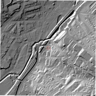 Shaded relief map of the ground around S23AB, computed from Environment Agency LiDAR. The ground here sits at about 68 m above sea level and falls 58 m across the surrounding 800 m. Surface water reaching this point runs off ground lying to the east-south-east, 26.0 m higher.