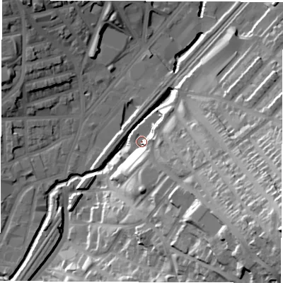 Shaded relief map of the ground around S23DA, computed from Environment Agency LiDAR. The ground here sits at about 66 m above sea level and falls 63 m across the surrounding 800 m. Surface water reaching this point runs off ground lying to the east-south-east, 59.0 m higher.