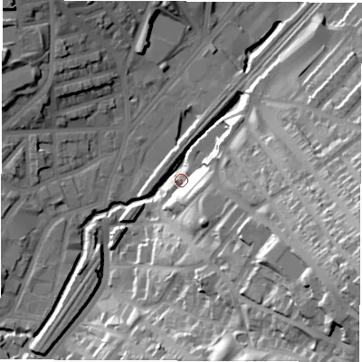 Shaded relief map of the ground around S23EN, computed from Environment Agency LiDAR. The ground here sits at about 69 m above sea level and falls 57 m across the surrounding 800 m. Surface water reaching this point runs off ground lying to the east-south-east, 53.7 m higher.