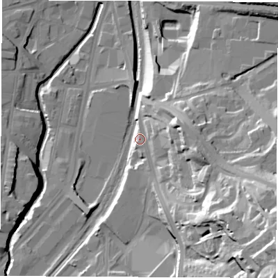 Shaded relief map of the ground around S23PS, computed from Environment Agency LiDAR. The ground here sits at about 66 m above sea level and falls 58 m across the surrounding 800 m. Surface water reaching this point runs off ground lying to the south-east, 43.7 m higher.