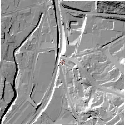 Shaded relief map of the ground around S23QE, computed from Environment Agency LiDAR. The ground here sits at about 67 m above sea level and falls 57 m across the surrounding 800 m. Surface water reaching this point runs off ground lying to the south-east, 48.7 m higher.