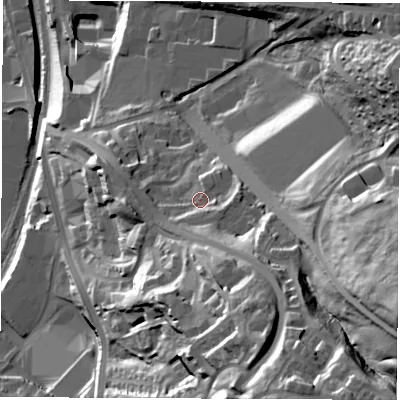 Shaded relief map of the ground around S23QF, computed from Environment Agency LiDAR. The ground here sits at about 83 m above sea level and falls 69 m across the surrounding 800 m. Surface water reaching this point runs off ground lying to the south-south-east, 9.4 m higher.