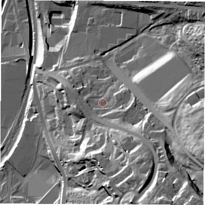 Shaded relief map of the ground around S23QL, computed from Environment Agency LiDAR. The ground here sits at about 82 m above sea level and falls 66 m across the surrounding 800 m. Surface water reaching this point runs off ground lying to the south-south-east, 8.7 m higher.