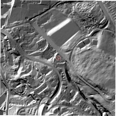 Shaded relief map of the ground around S23QY, computed from Environment Agency LiDAR. The ground here sits at about 92 m above sea level and falls 73 m across the surrounding 800 m. Surface water reaching this point runs off ground lying to the south-east, 43.3 m higher.