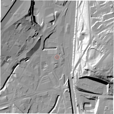 Shaded relief map of the ground around S24AB, computed from Environment Agency LiDAR. The ground here sits at about 56 m above sea level and falls 48 m across the surrounding 800 m. Surface water reaching this point runs off ground lying to the west-south-west, 0.7 m higher.